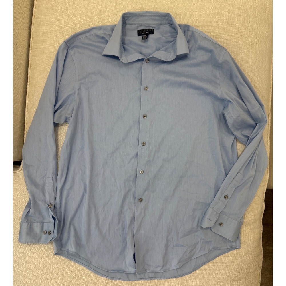Alfani Dress Shirt Mens L 16-16.5 Regular Fit Blue Stretch Button Down Excellent